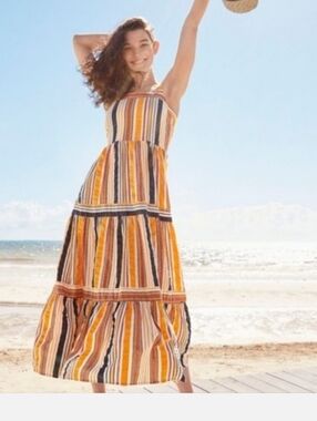 LOFT Riviera Striped Tiered Maxi Dress in Yellow, Orange, Navy, Cream